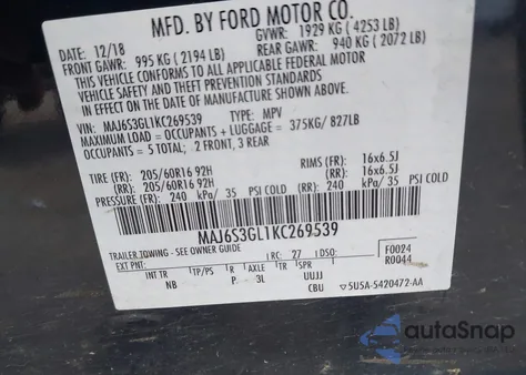 2019 Ford Ecosport Se из США, поврежденный, VIN MAJ6S3GL1KC269539